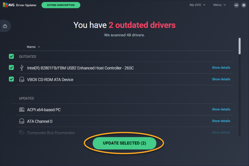 AVG Driver Updater Screen