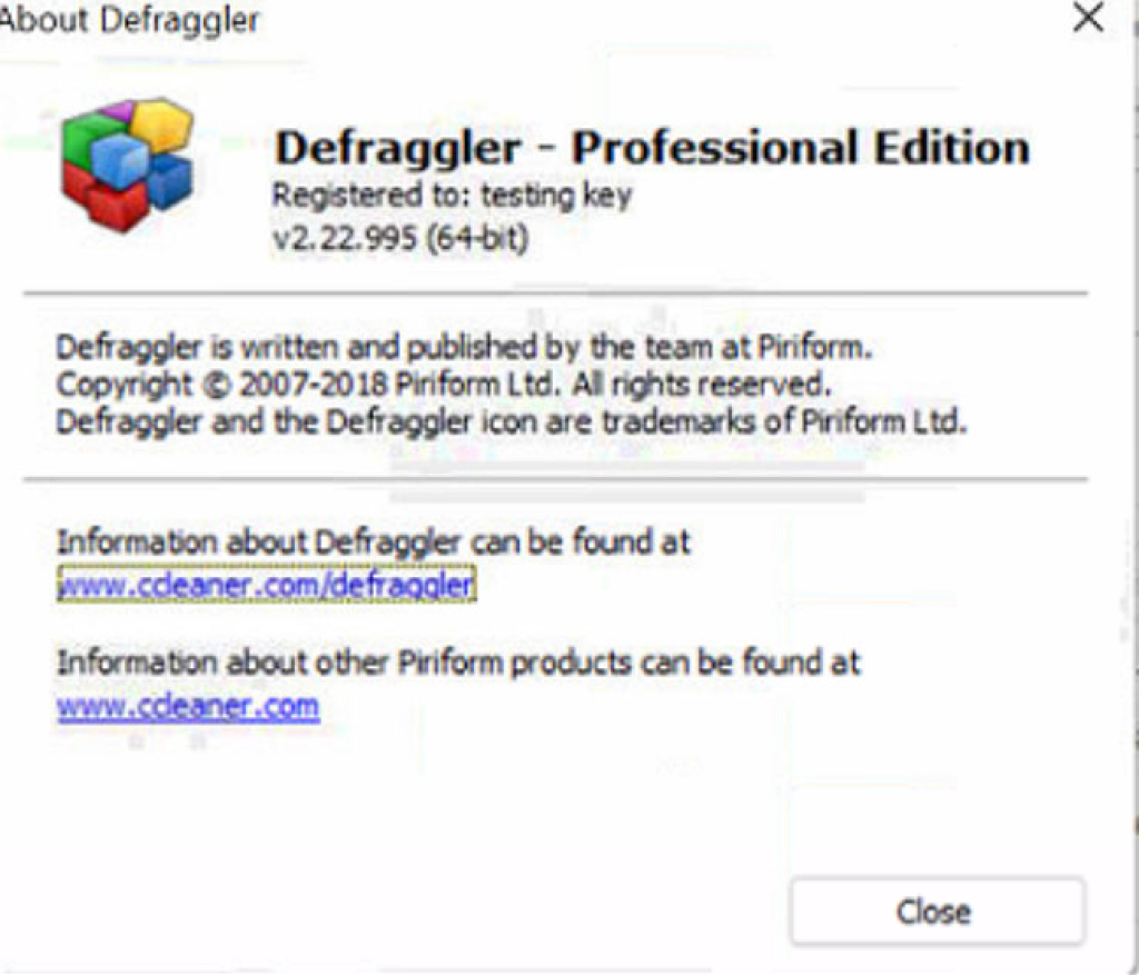 Piriform Defraggler: After activating it shows up your name on registered to 