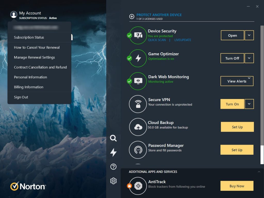 Norton 360 for Gamers Dashboard