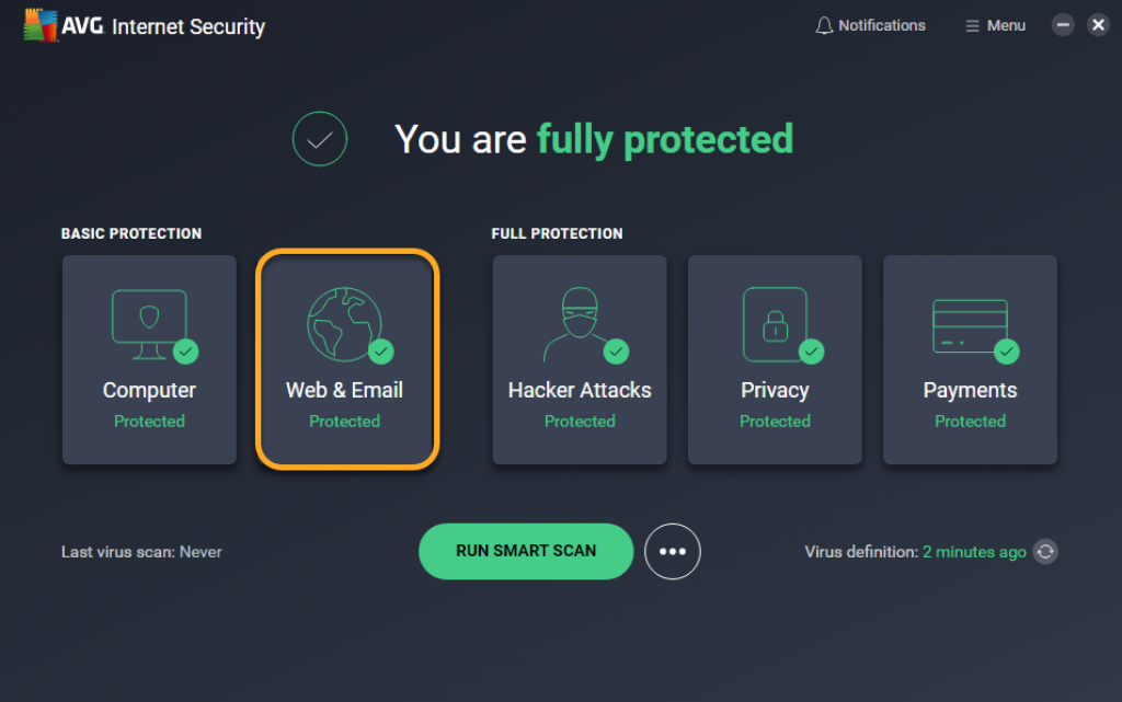 AVG Internet Security protects your computer, web activity, email, payments and watches for hacker attacks like viruses, ransomware, spyware, and other malware.