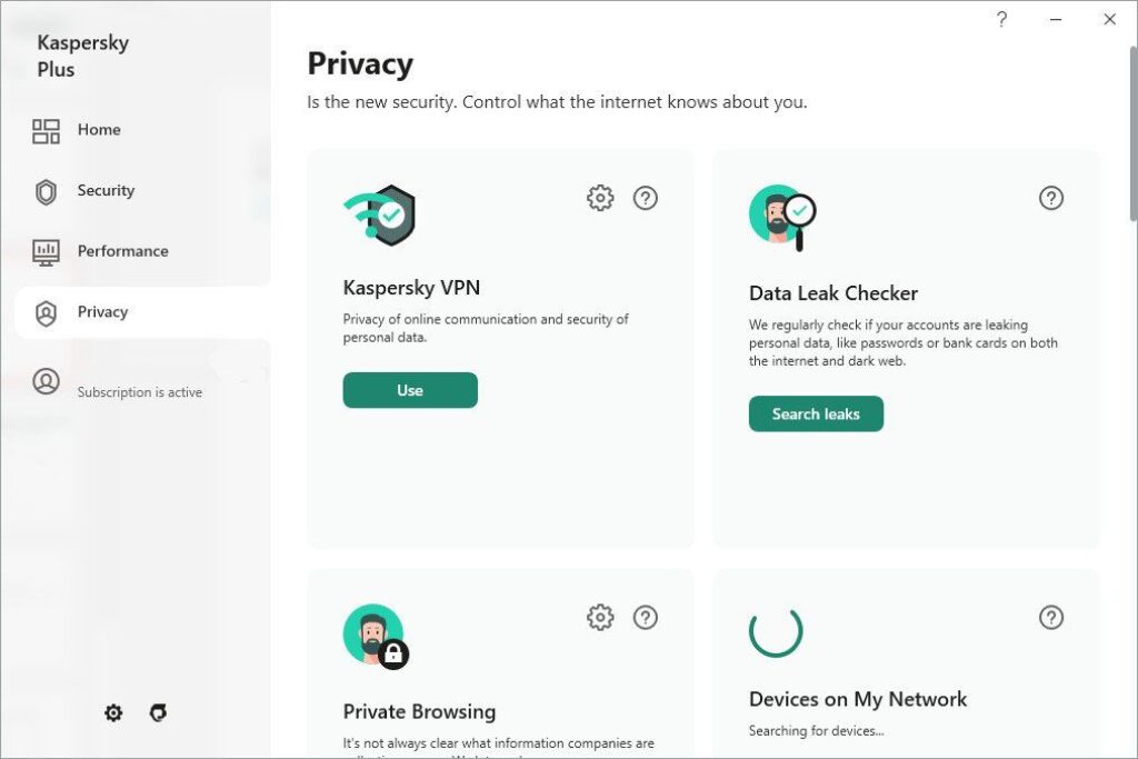 Kaspersky Plus safeguards against viruses, ransomware, and malware. It provides enhanced security with payment protection, password manager, VPN, and firewall.