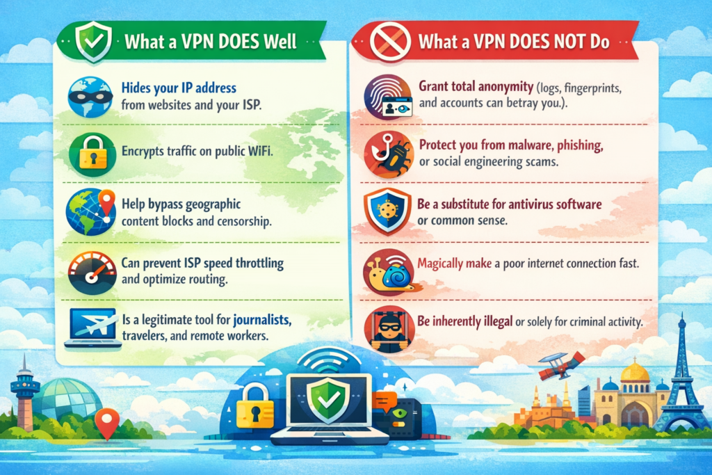 What a VPN DOES Well	What a VPN DOES NOT Do
Hides your IP address from websites and your ISP.	Grant total anonymity (logs, fingerprints, and accounts can betray you).
Encrypts traffic on public WiFi.	Protect you from malware, phishing, or social engineering scams.
Help bypass geographic content blocks and censorship.	Be a substitute for antivirus software or common sense.
Can prevent ISP speed throttling and optimize routing.	Magically make a poor internet connection fast.
Is a legitimate tool for journalists, travelers, and remote workers.	Be inherently illegal or solely for criminal activity.
